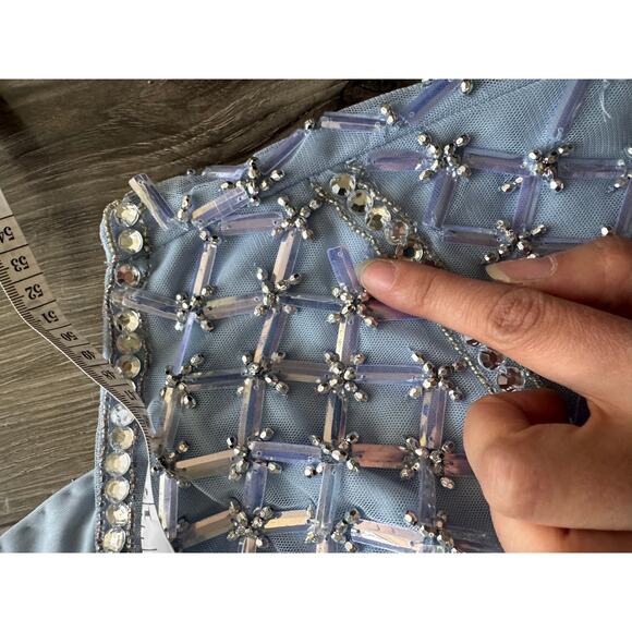 NWT ASOS DESIGN Light Blue Beaded Feather Hem Dress Size 14 Glam Formal Gown - Picture 12 of 16